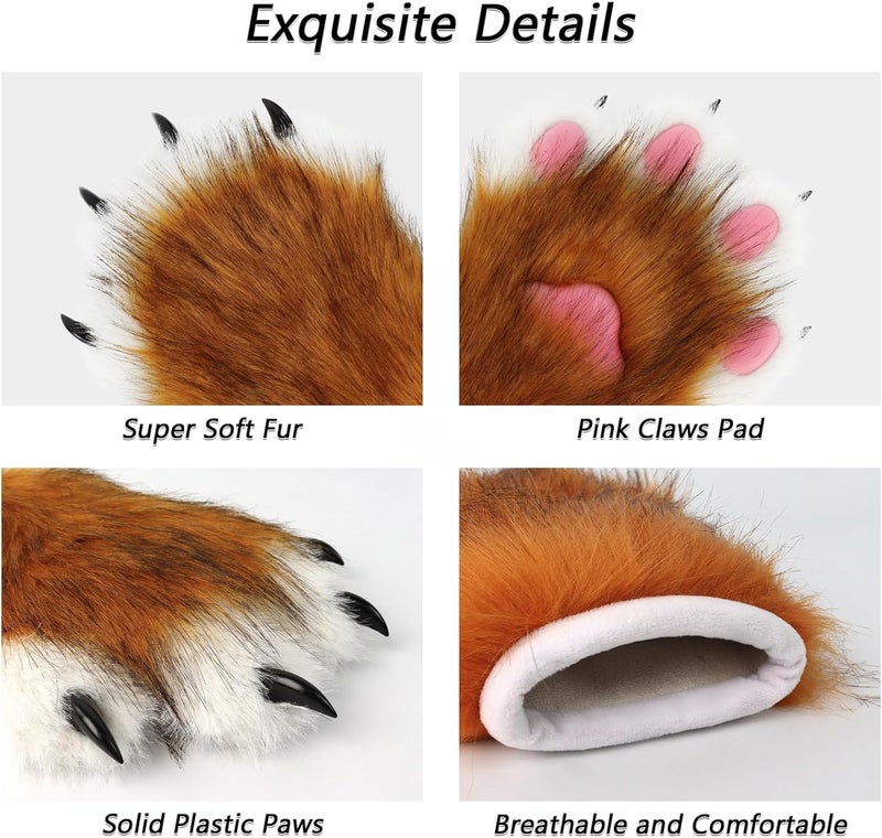 hbbhml Faux Fur Plush Furry Cat Claw Gloves Fursuit Animal Fox Paws Mittens Halloween Cosplay Costume Accessories for Adult - Image 4